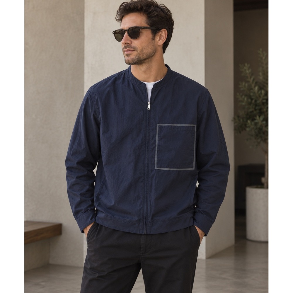 COS Zip Up Jacket Mens XL Navy Blue Collarless Cotton Minimalist Utility Shirt